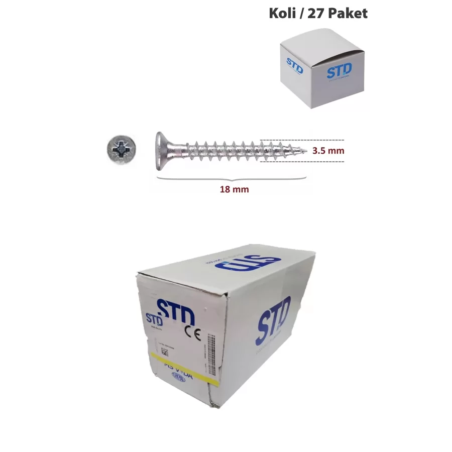 STD Ağaç ve Sunta Vidası 3.5x18 Kutu 1000 Adet