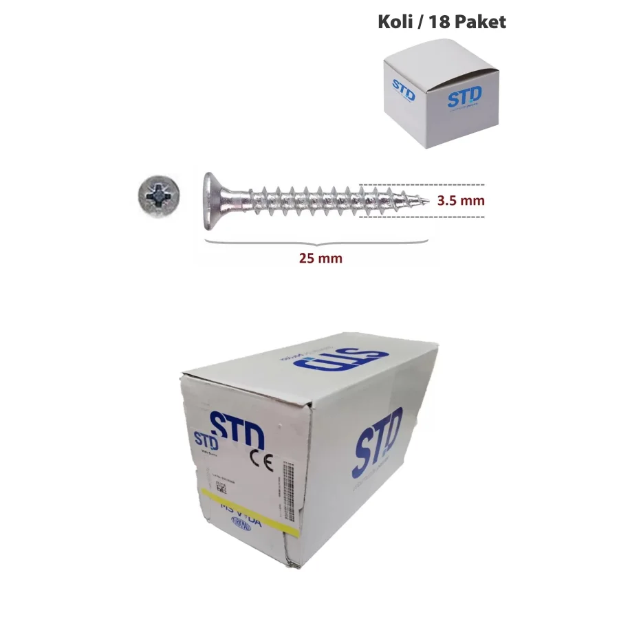 STD Ağaç ve Sunta Vidası 3.5x25 Kutu 1000 Adet