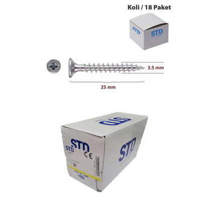 STD Ağaç ve Sunta Vidası 3.5x25 Kutu 1000 Adet