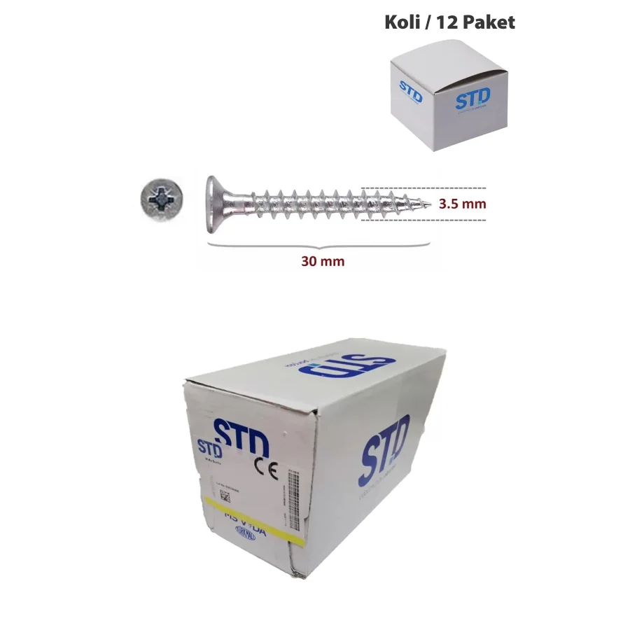 STD Ağaç ve Sunta Vidası 3.5x30 Kutu 1000 Adet