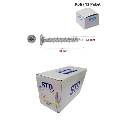 STD Ağaç ve Sunta Vidası 3.5x30 Kutu 1000 Adet