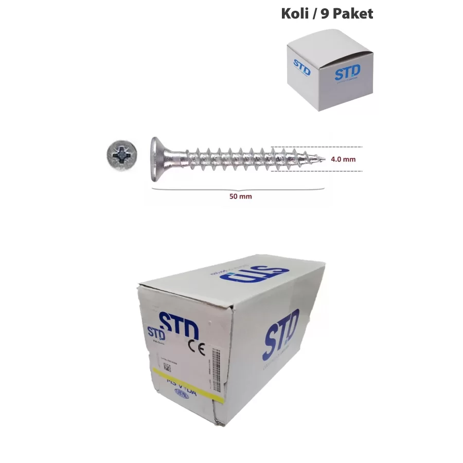 STD Ağaç ve Sunta Vidası 4x50 Kutu 500 Adet