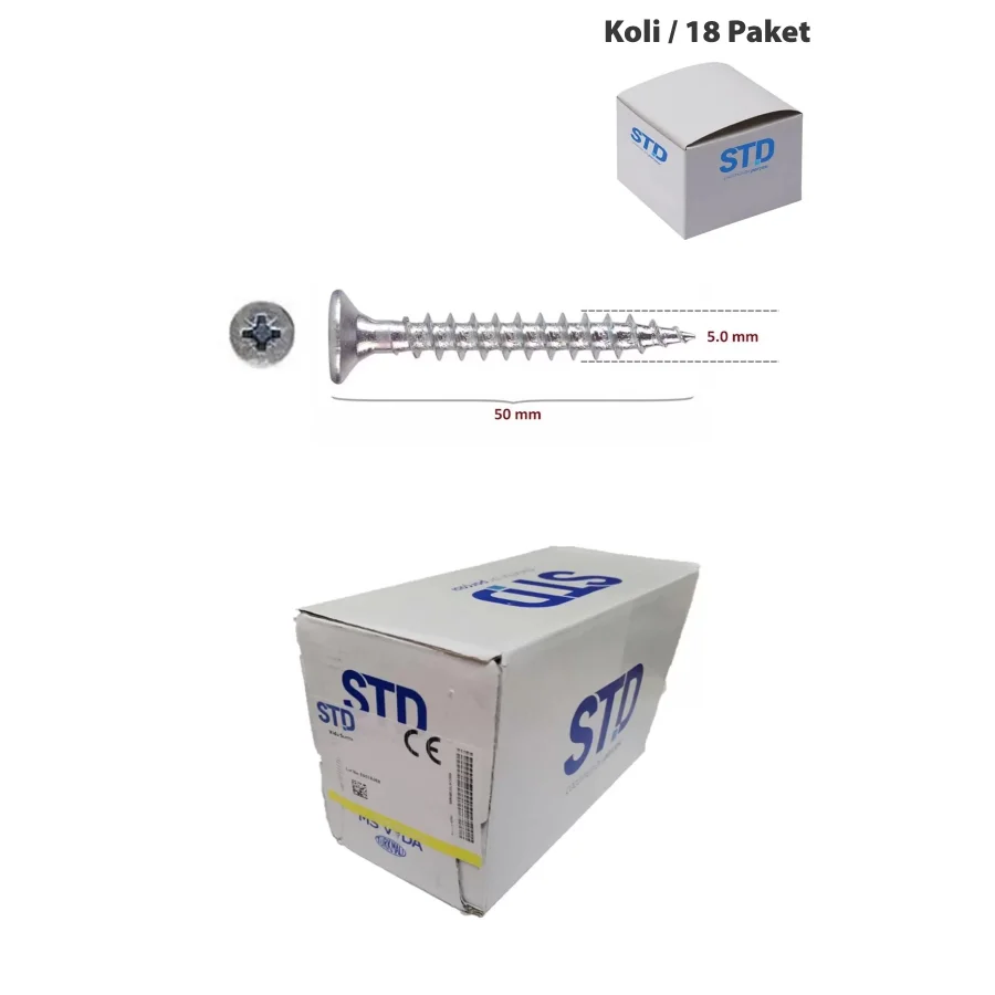 STD Ağaç ve Sunta Vidası 5x50 Koli 18 Paket